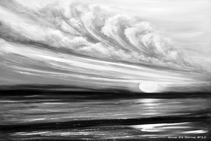 Sunset in Gray Black and White - Seasccape Painting by Gina De Gorna