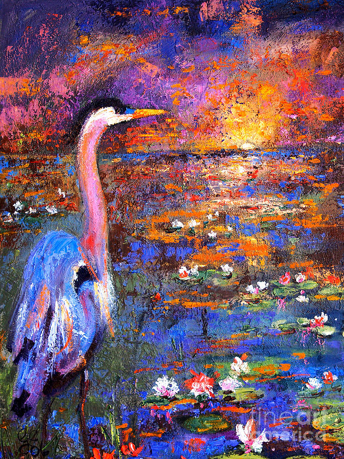 Sunset in the Wetlands Blue Heron Painting by Ginette Callaway