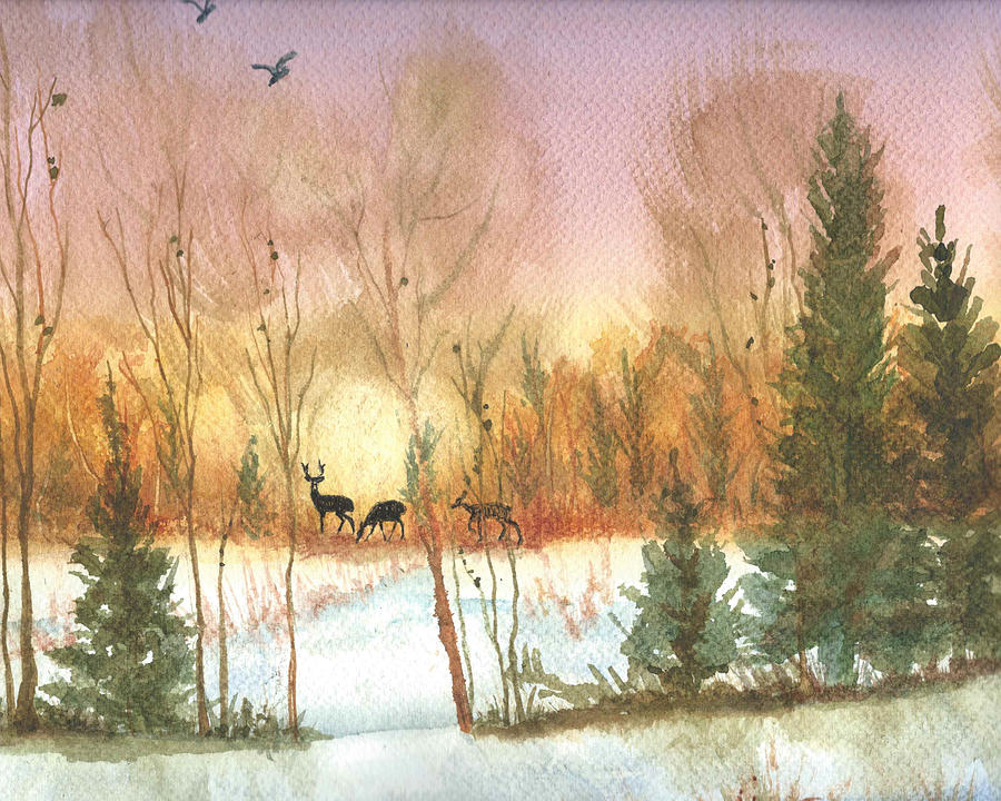 Sunset in the Winter Forest Painting by Elise Boam