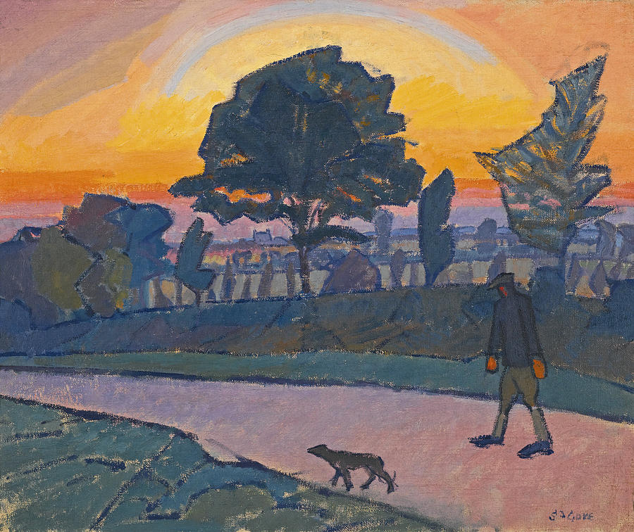 Spencer Frederick Gore Painting - Sunset Letchworth with Man and Dog by Spencer Frederick Gore