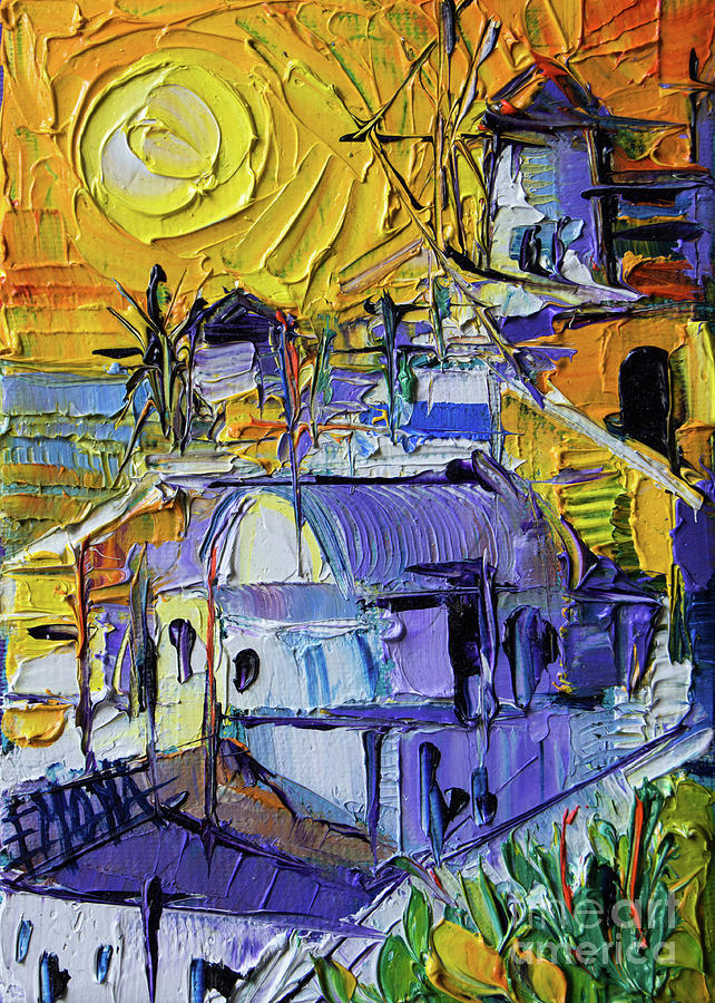 City Painting - SUNSET LIGHT IN OIA - Mini Santorini Cityscape 02 - palette knife oil painting by Mona Edulesco