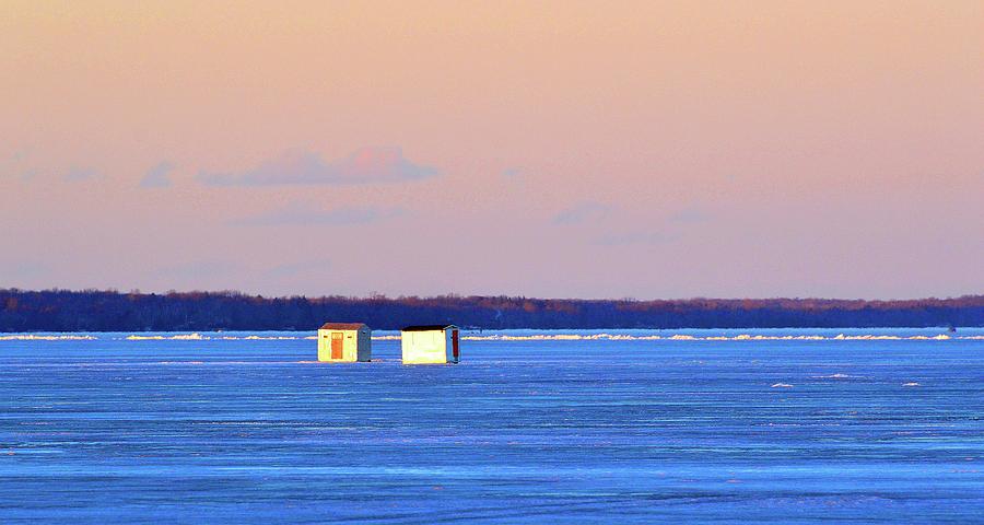 Sunset Light On The Ice Fishing Huts 2  Digital Art by Lyle Crump