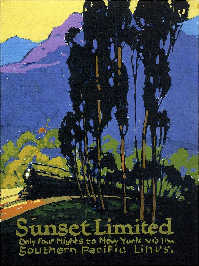 Sunset Limited - Steam Engine Locomotive through the forest highlands - Vintage Railroad Advertising Painting by Studio Grafiikka