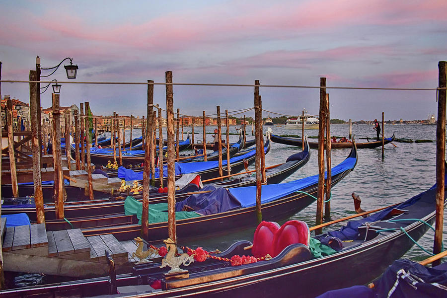Sunset on Gondolas in Venice Photograph by Roberta Kayne