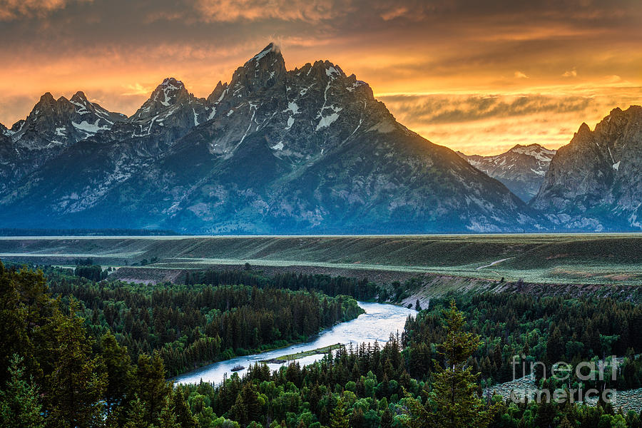 Sunset on Grand Teton and Snake River Photograph by Gary Whitton