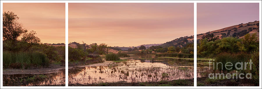 Sunset on Halls Valley Lake, Tryptych - Soft Light Warm Photograph by Dean Birinyi