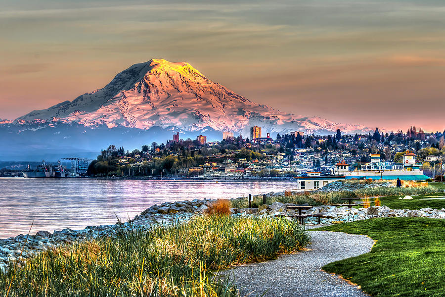 Sunset on MT Rainier and Point Ruston Photograph by Rob Green