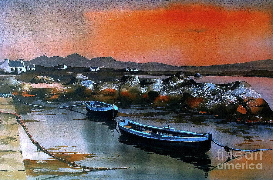 Boat Painting - Sunset on Mweenish, Galway by Val Byrne