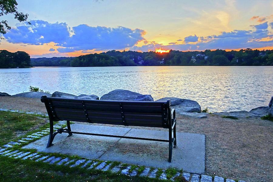 Sunset on Spy Pond Arlington MA Bench Photograph by Toby McGuire