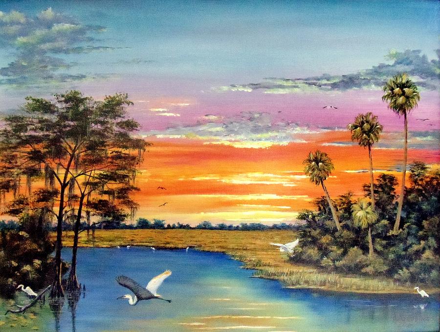 Heron Painting - Sunset on the Glades by Riley Geddings