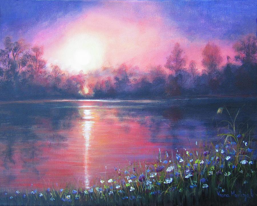 Sunset on the river Painting by Vesna Martinjak