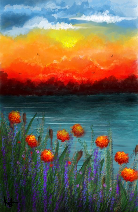 Sunset on water flower blooms Digital Art by Kathleen Hromada