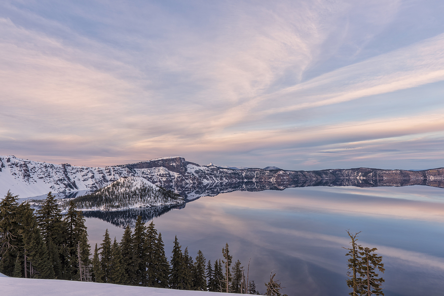 Sunset on Wizard Island in Crater Lake National Park Photograph by Loree Johnson