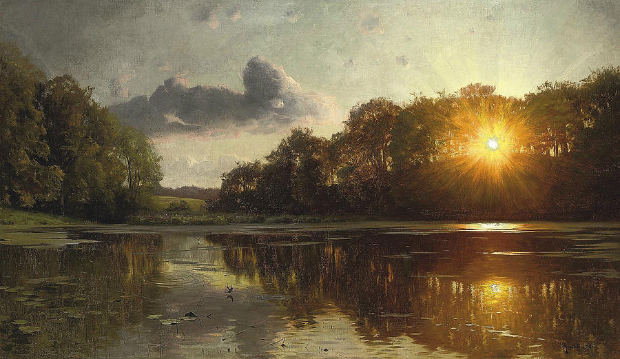 Sunset over a forest lake Painting by Peder Monsted