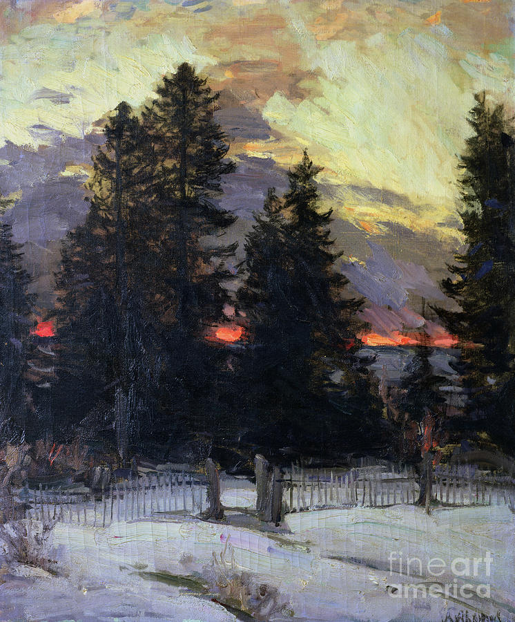 Sunset Painting - Sunset over a Winter Landscape by Abram Efimovich Arkhipov