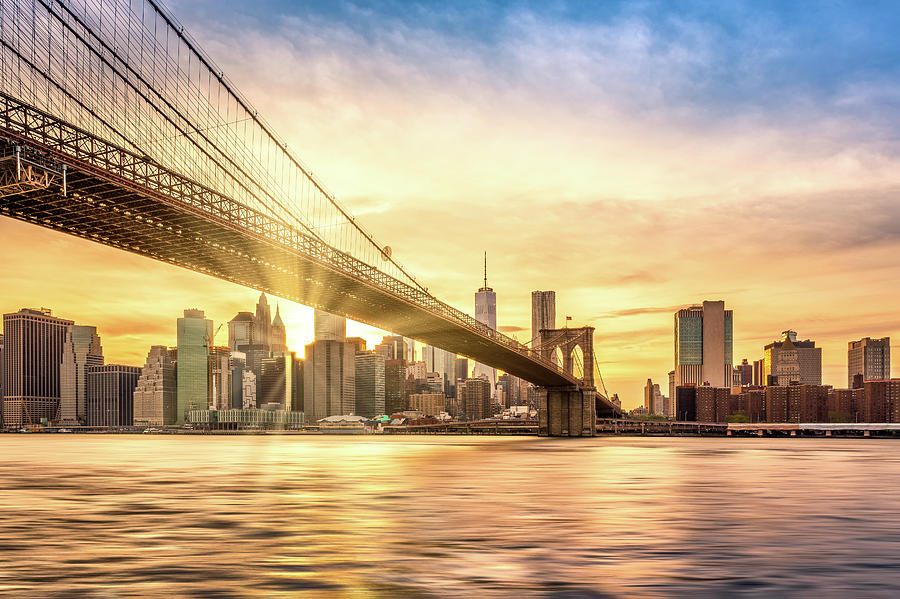 Sunset over Brooklyn Bridge in New York City Photograph by Mihai Andritoiu