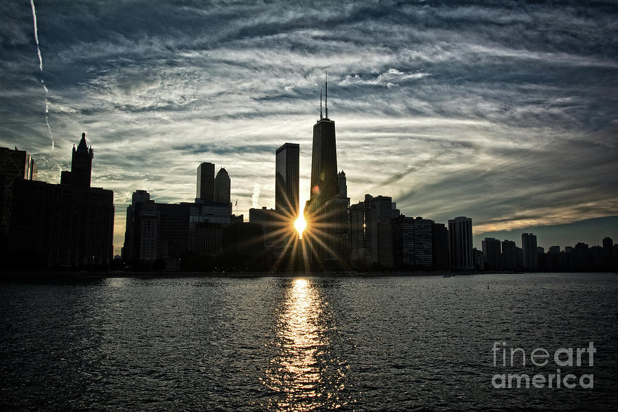 Sunset Photograph - Sunset over Chicago Skyline and Lake Michigan by Bruno Passigatti