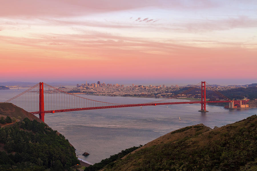 Sunset Over Golden Gate Bridge and San Francisco Skyline Photograph by David Gn