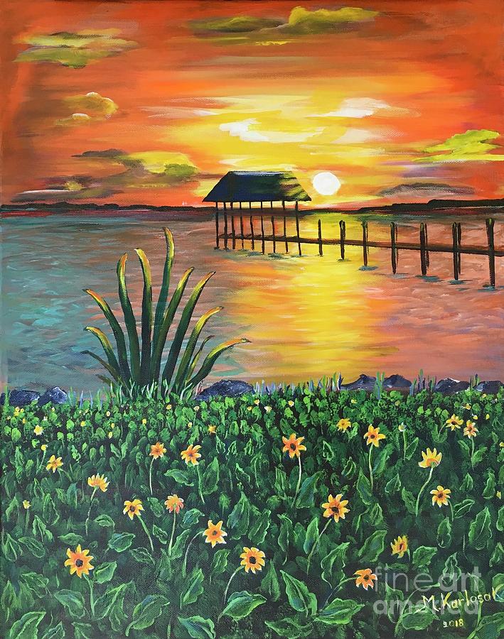 Sunset over island  Painting by Maria Karlosak