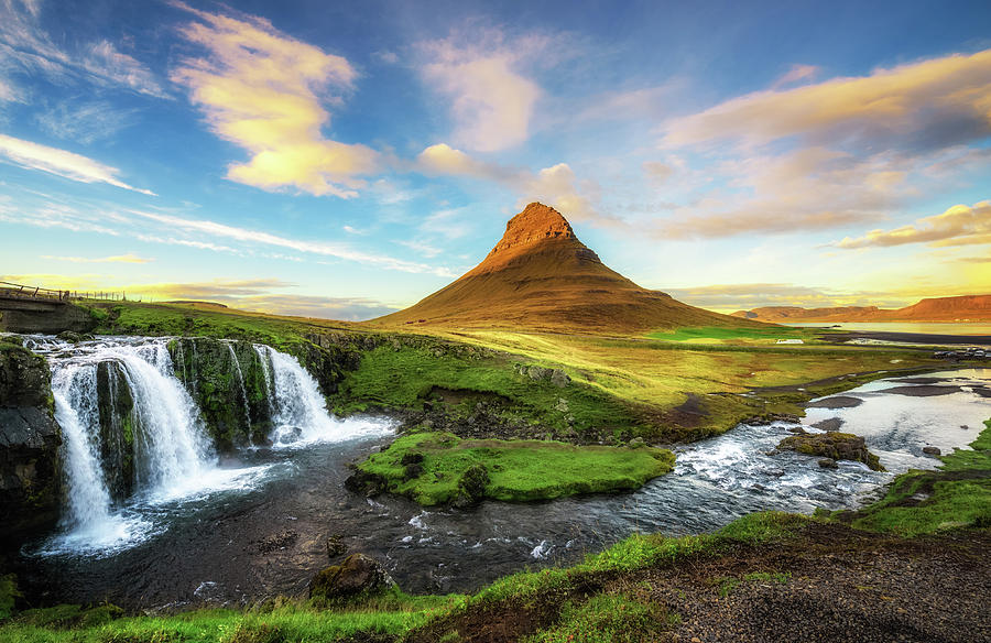 Sunset Over Kirkjufellsfoss Waterfall And Kirkjufell Mountain 