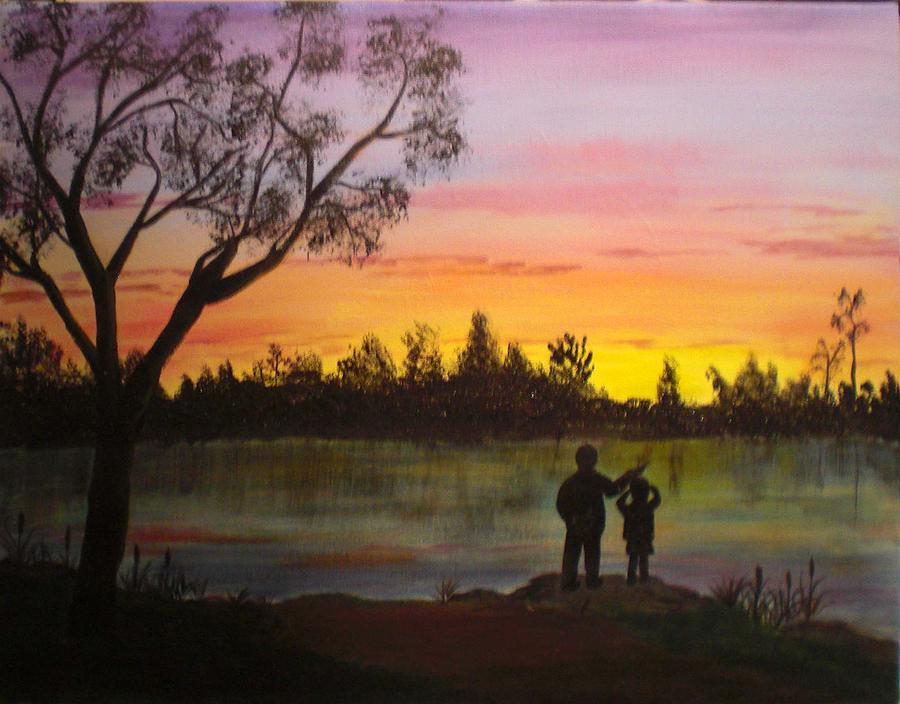Sunset over lake Painting by Nancy Sisco