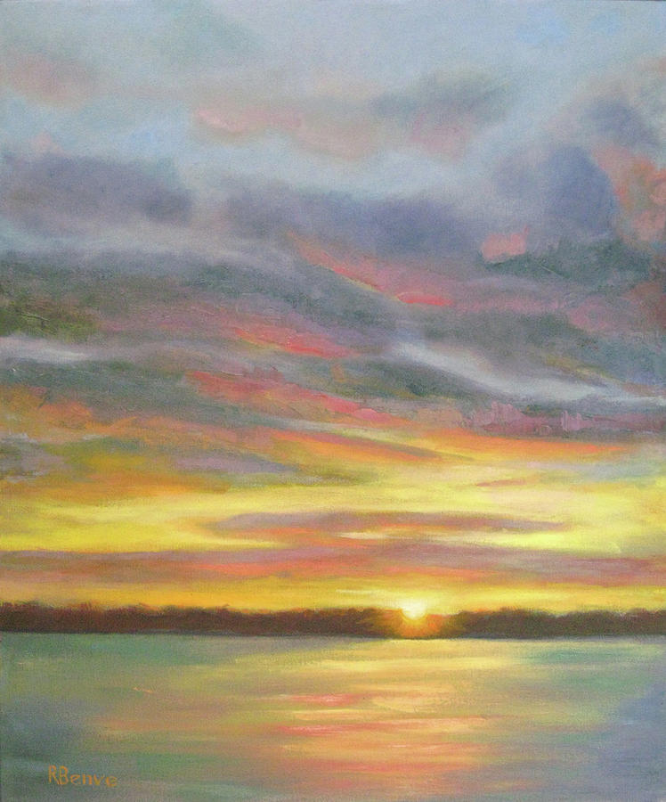 Sunset Over Lake Painting by Robie Benve