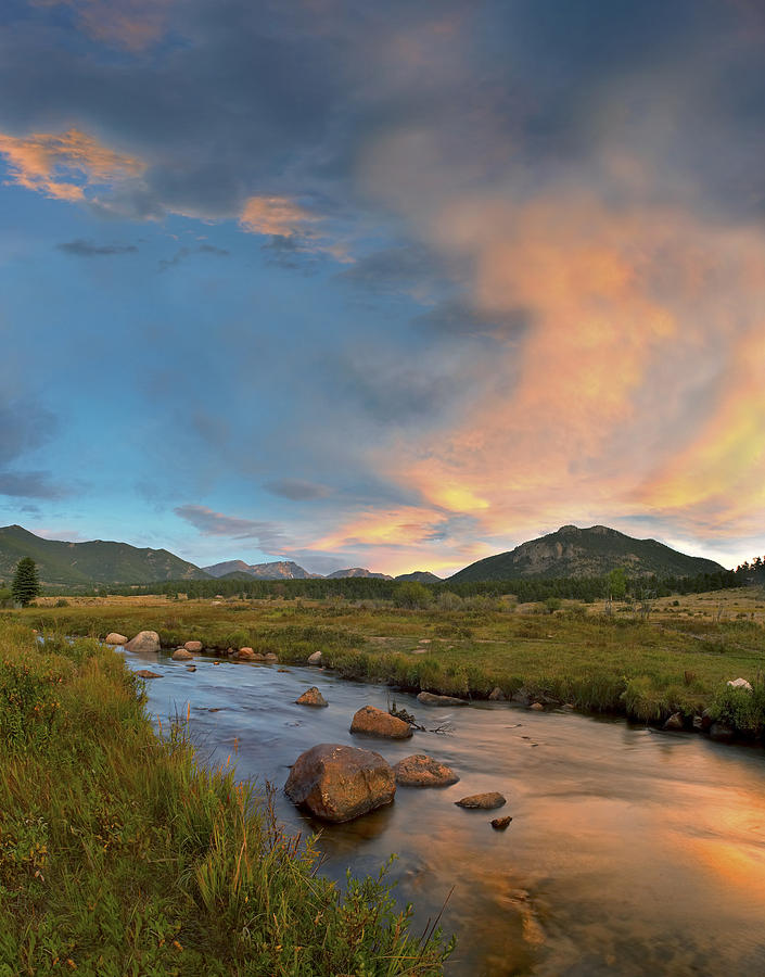 Sunset Over River And Peaks In Moraine Photograph by Tim Fitzharris