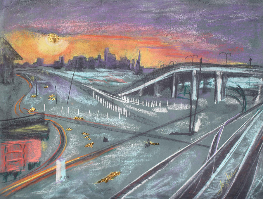 Sunset Over San Francisco and Oakland Train Tracks Painting by Asha Carolyn Young