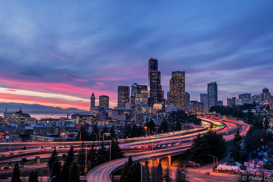 Sunset over Seattle city Photograph by Philip Cho