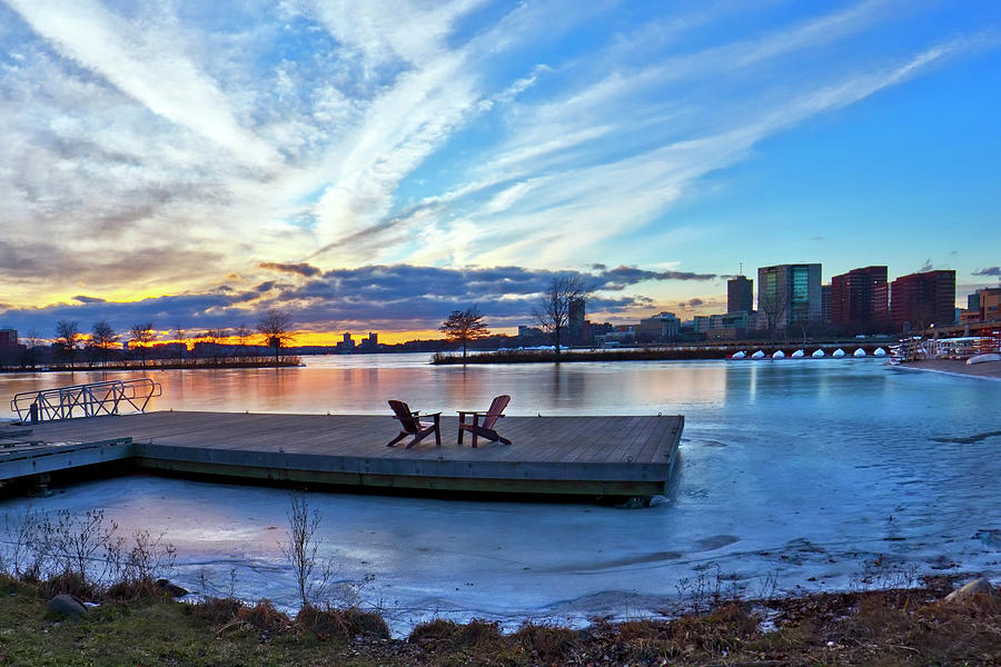 Sunset over the Charles River Esplanade in Winter Photograph by Joann Vitali