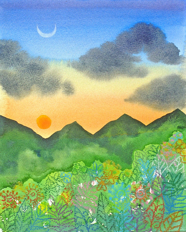Sunset over the forest- cloaked mountains Painting by Jennifer Baird