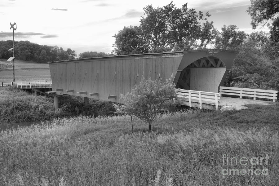 Sunset Over The Hogback Covered Bridge Black And White Photograph by Adam Jewell