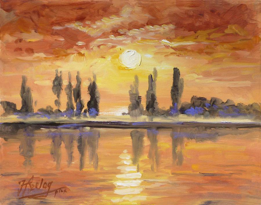 Sunset over the lake Painting by Irek Szelag