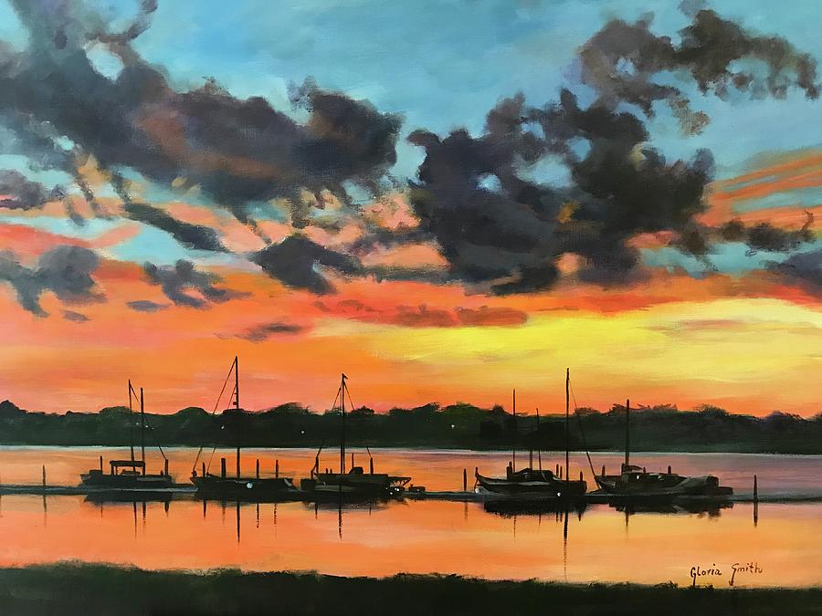 Sunset over the marina Painting by Gloria Smith