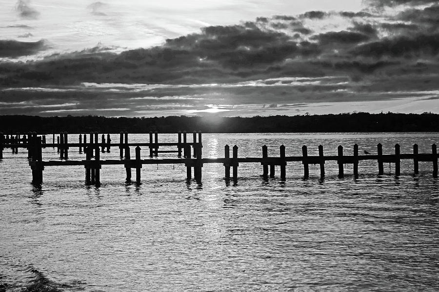 Sunset over the Piers in Vineyard Haven Cape Cod Marthas Vineyard Black and White Photograph by Toby McGuire