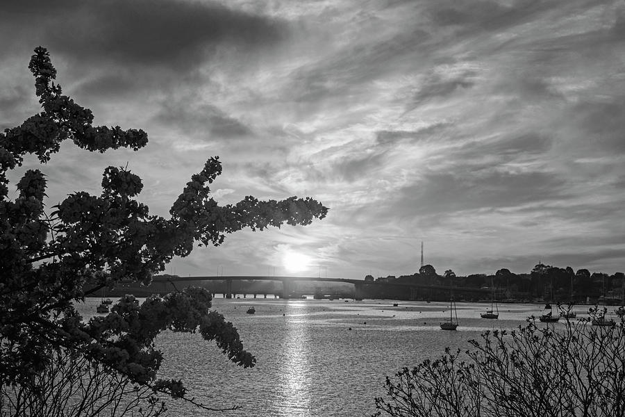 Sunset over the Salem Beverly Bridge From the Salem Willows Salem MA Black and White Photograph by Toby McGuire