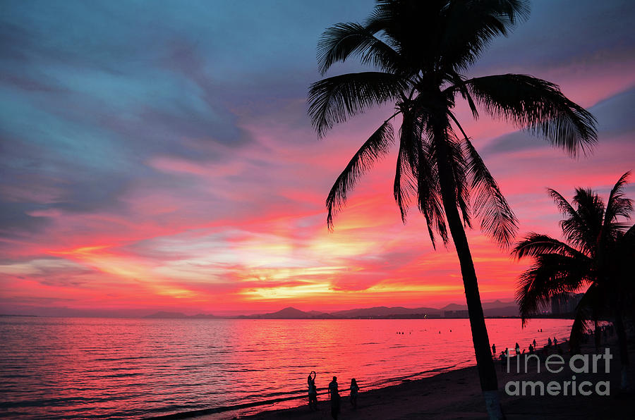 Sunset Over The Sea With Silhouette Of Palm Trees And Tourists At Beach Sanya China Pyrography By Shuang Li