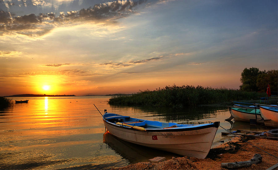 Turkey Photograph - Sunset over the Ulubat lake by Lilia S