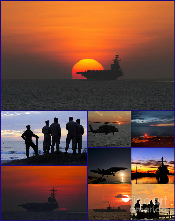 Destroyer Painting - Sunset Over US Navy Collage by Celestial Images