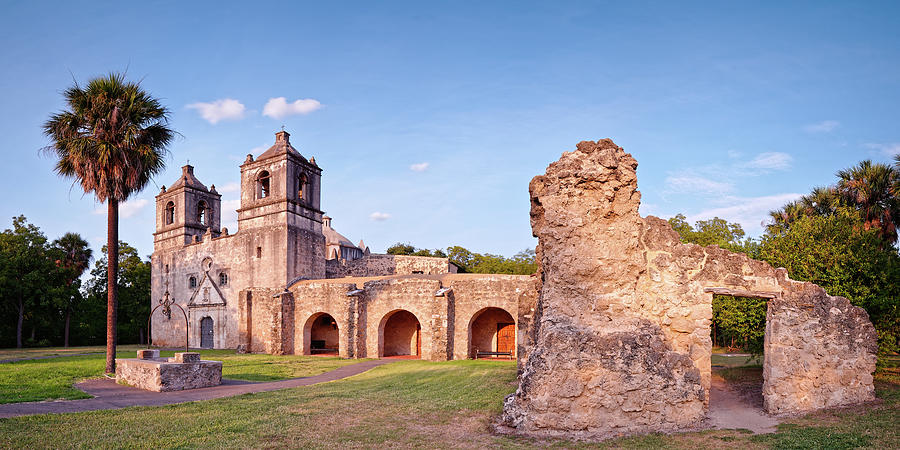 Sunset Panorama of Mission Concepcion and Ruins in San Antonio - Bexar County Texas Photograph by Silvio Ligutti