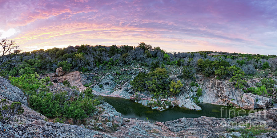 Sunset Panorama Of Spring Creek And Devils Waterhole Inks Lake State Park Burnet County Texas Hills Photograph