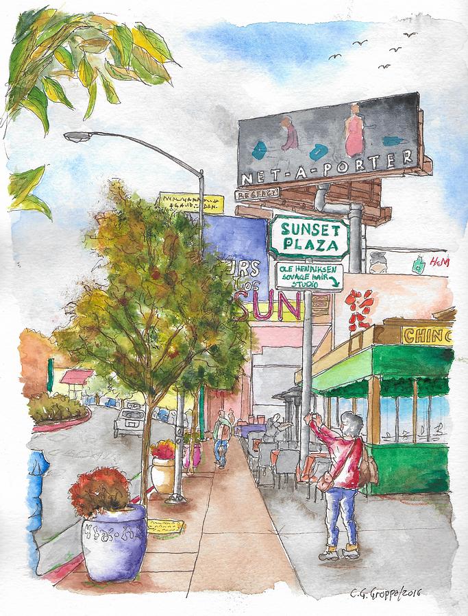 Sunset Plaza, Sunset Blvd., and Londonderry, West Hollywood, California Painting by Carlos G Groppa