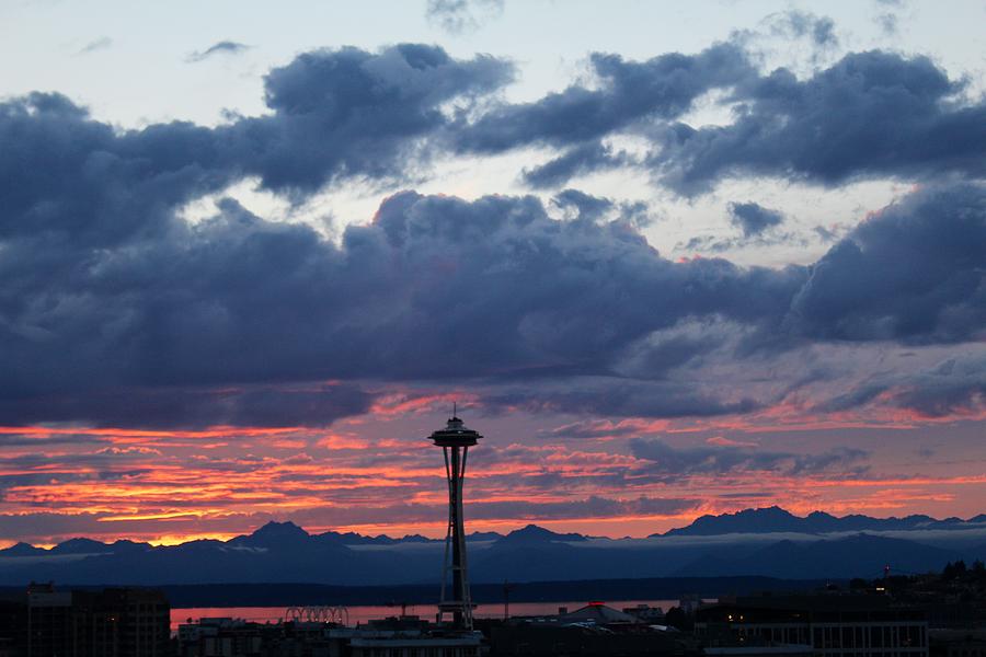 Sunset Red Clouds and Space Needle Photograph by Suzanne Lorenz