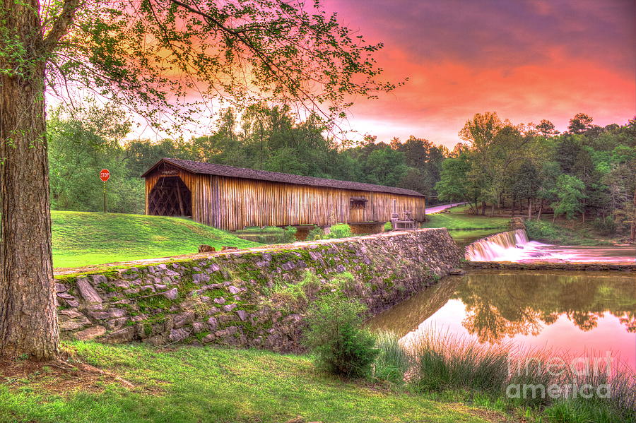 Sunset Reflections Watson Mill Covered Bridge Art Photograph by Reid Callaway
