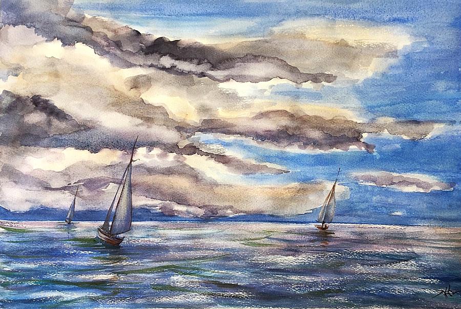 Sunset regatta Painting by Katerina Kovatcheva