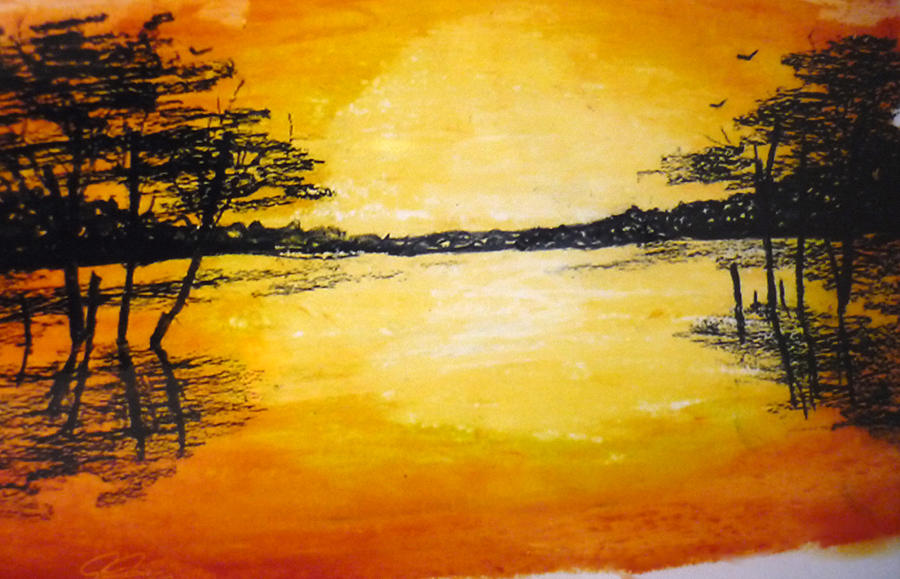 sunset on the river painting