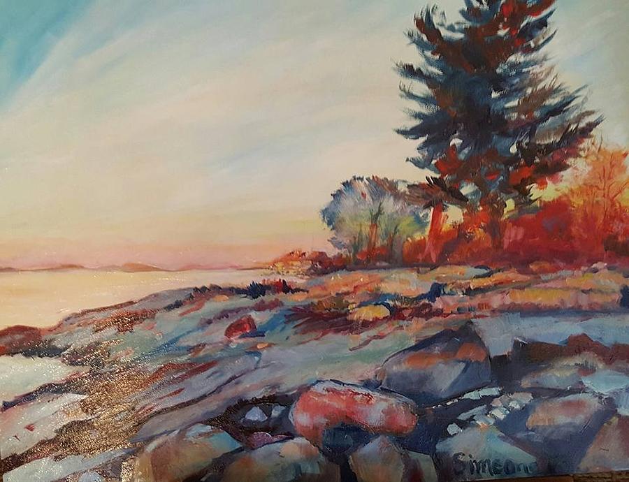 Sunset Rocky Island Painting by Cheryl LaBahn Simeone