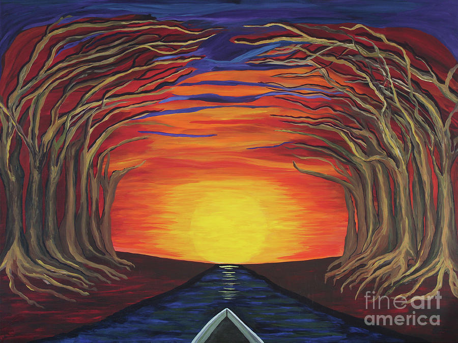 Treetop Sunset River Sail Painting by Annette M Stevenson