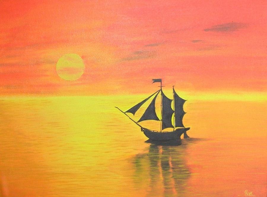 Sunrise Painting - Sunrise Sea Ship SSS  by Riya Rathore
