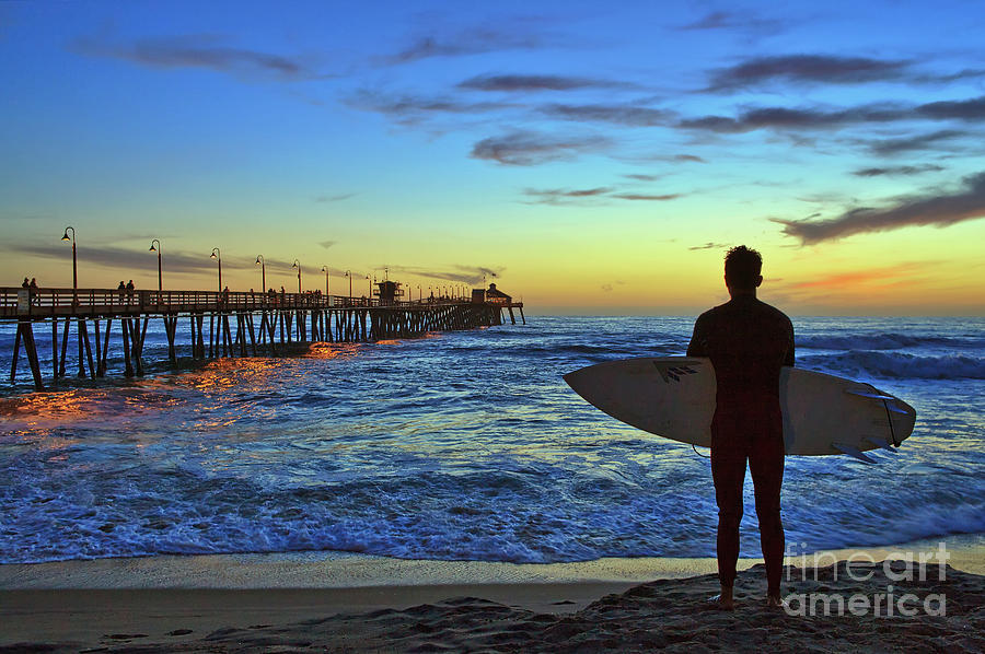 Sunset Silhouette of a Surfer at the Imperial Beach Pier  Photograph by Sam Antonio